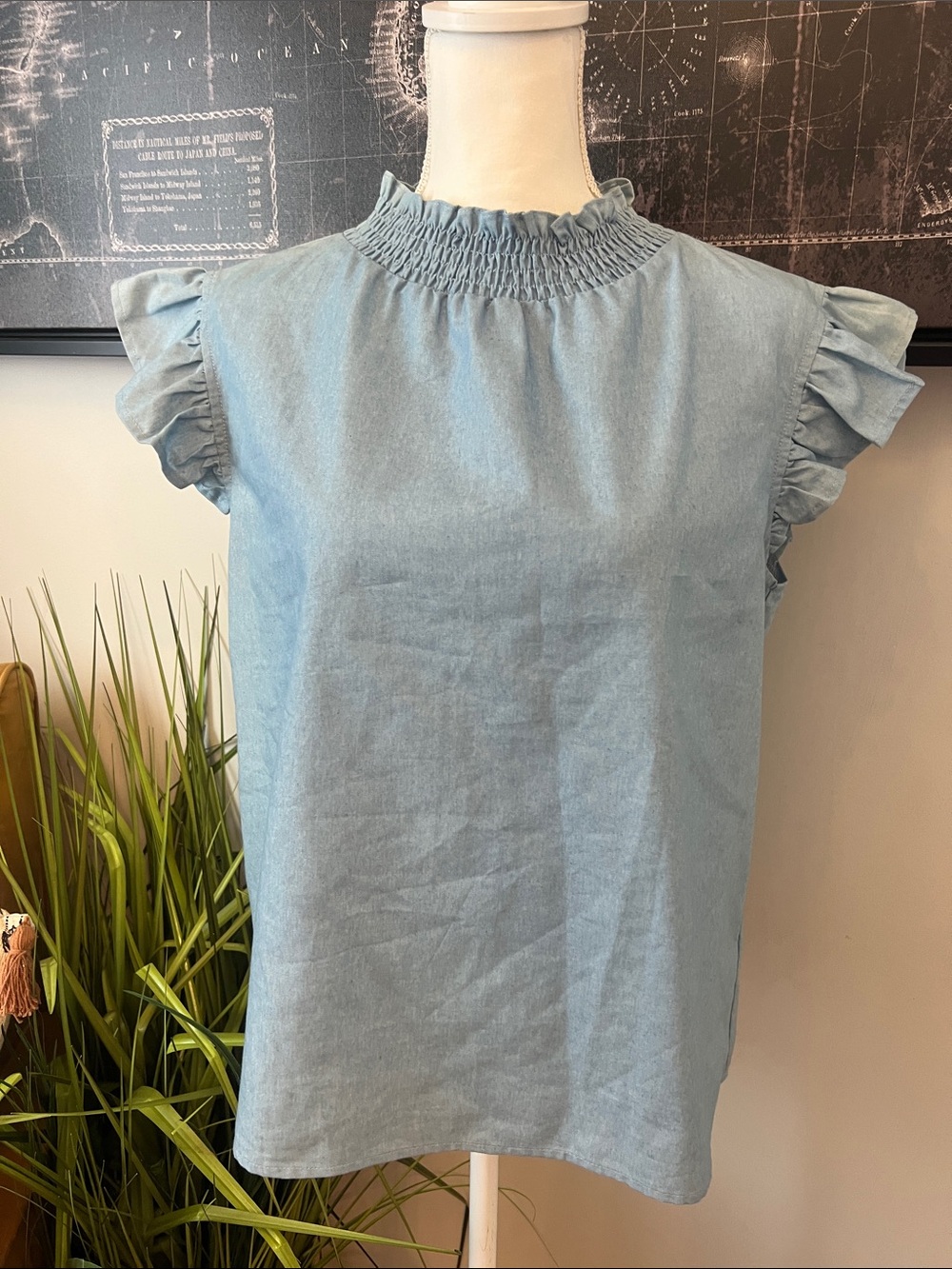 Smocked Neck Sleeveless Chambray Blouse in Light Blue